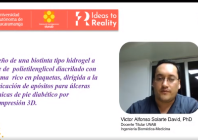 Víctor A. Solarte D. Diseño de una biotinta tipo hidrogel a base de polietilenglicol diacrilado con plasma rico en plaquetas, dirigida a la fabricación de apósitos para úlceras crónicas de pie diabético por bioimpresión 3D.